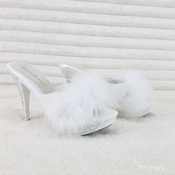 Your Majesty White Marabou Feather Rhinestone Platform Slip On Wedding Slides - Picture 10 of 10